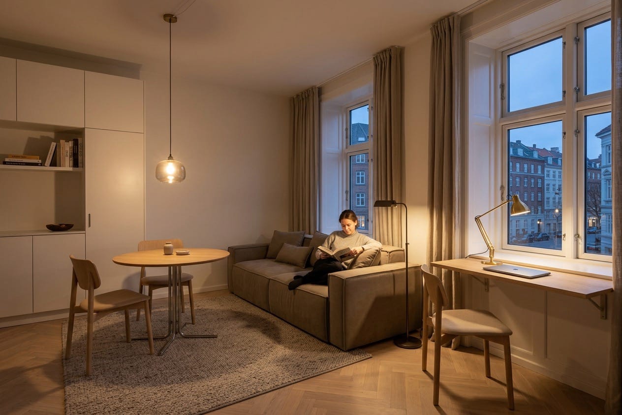 Sovesofa i daglig brug i en hyggelig stue