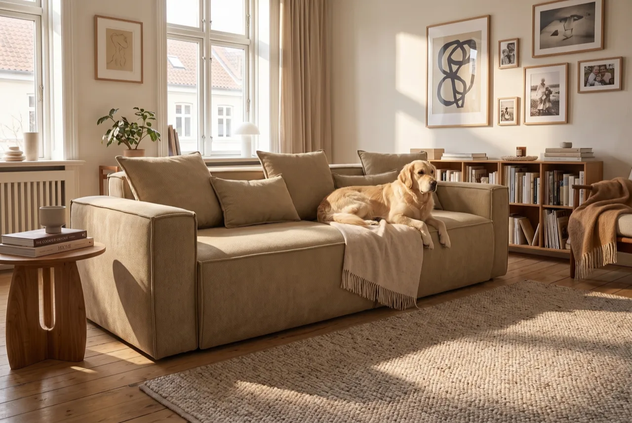 Hund ligger på en sofa med tætvævet slidstærkt stof